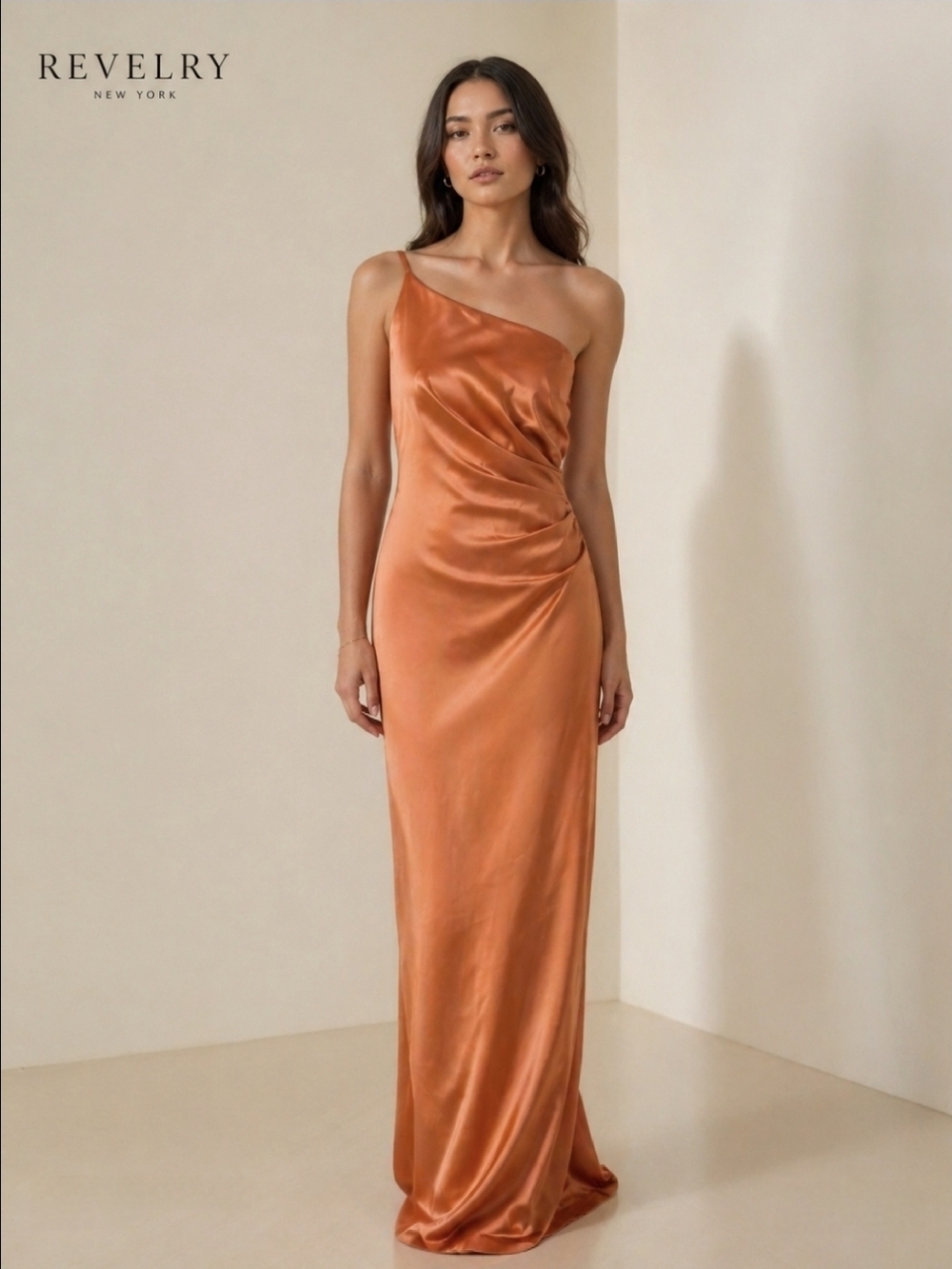 Revelry One-Shoulder Satin Gown in Copper Orange Women Size 4